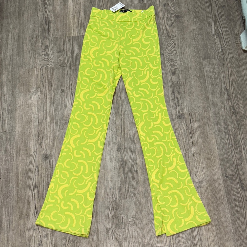 Zara Neon Lime Patterned Boot Cut Pants